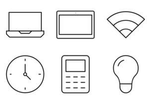 Technology for Education Line Icon Set, such as devices, internet, time, and idea vector