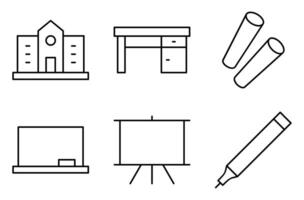 School Facilities and Furniture Line Icon Set, such as school building, desk, chalk, blackboard, whiteboard, and whiteboard marker vector