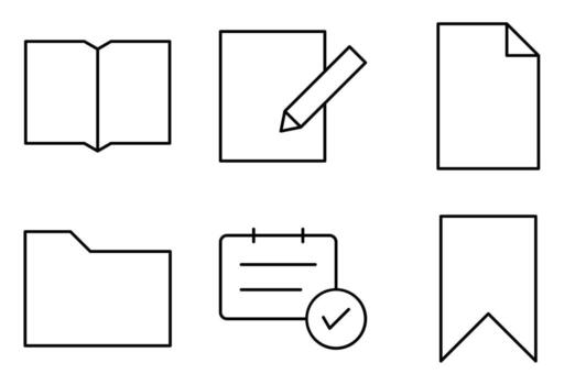 Reading and Stationery Line Icon Set, such as folder, bookmark, class schedule, paper, and book vector