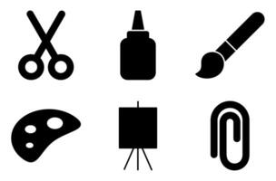 Drawing and Crafting Solid Icon Set, such as painting tools, scissors, glue, and paper items vector