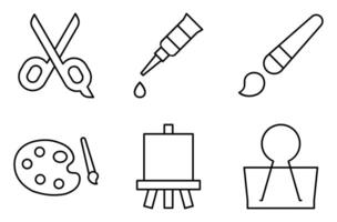 Art and Craft Tools Line Icon Set, such as scissors, glue, paintbrush, paint palette, art easel, and paper clip vector