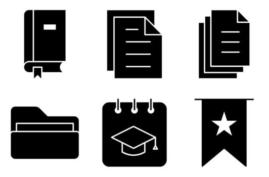 Reading and Stationery Solid Icon Set, such as folder, bookmark, class schedule, paper, and book vector