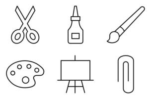 Creative Tools Line Icon Set, such as paintbrush, scissors, glue, paper clip, and paint palette vector