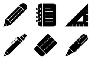 Solid Writing Essentials Icon Set, such as pen, ruler, pencil, and eraser vector