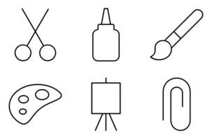 Drawing and Crafting Line Icon Set, such as painting tools, scissors, glue, and paper items vector
