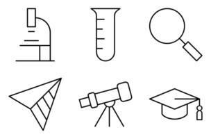 Scientific Tools Line Icon Set, such as test tube, telescope, microscope, magnifying glass, and graduation cap vector