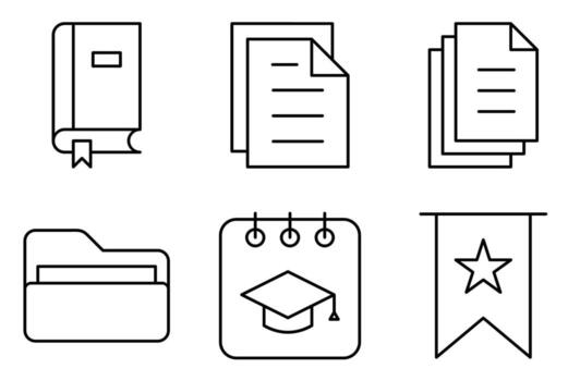 Line Style Study Materials Icon Set, such as writing paper, folder, book, and class schedule vector