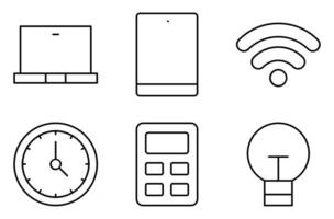 Educational Technology Line Icon Set, such as laptop, tablet, WiFi, clock, calculator, and lightbulb vector