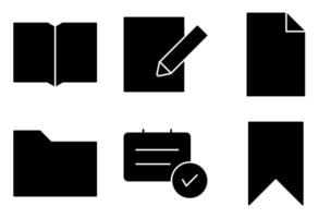 Solid Study Materials Icon Set, such as writing paper, folder, book, and class schedule vector