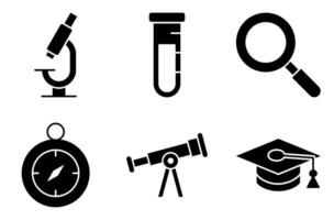 Solid Science Icon Set, such as lab tools, optical instruments, and academic symbols vector