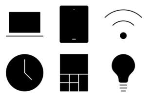 Educational Technology Solid Icon Set, such as laptop, tablet, WiFi, clock, calculator, and lightbulb vector