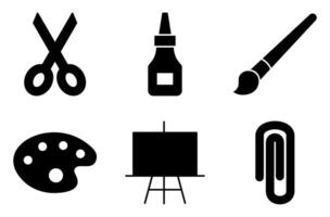 Art and Craft Tools Solid Icon Set, such as scissors, glue, paintbrush, paint palette, art easel, and paper clip vector