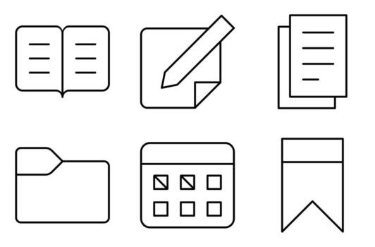 Books and Paper Materials Line Icon Set, such as book, writing paper, paper, folder, class schedule, and bookmark vector