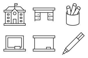 Line Style School Furniture and Tools Icon Set, such as blackboard, desk, chalk, and whiteboard marker vector
