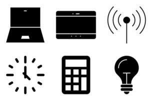 EdTech Solid Icon Set, such as tablet, calculator, clock, laptop, WiFi, and idea bulb vector