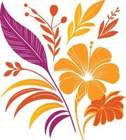 summer flower artwork with fine line botanical leaves for trendy wedding, fabric, and wall print applications vector