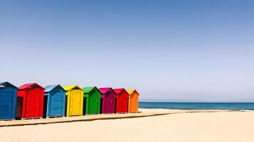 Vibrant cabins line on quiet sandy and sunny beach in Spain. For travel, summer, or vacation concepts in web or print for travel backgrounds. Copy space for text. photo