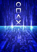 Futuristic digital background with abstract gaming symbols in a glowing blue tech style, perfect for sci-fi, gaming, or tech themes. vector