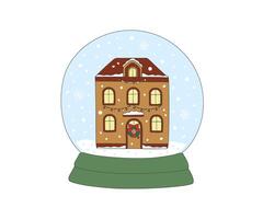 Glass snow globe with house inside. Christmas decorative ball with winter scene, snowball with snowflakes. illustration hand drawn doodle cartoon illustration vector