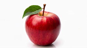 Single fresh red apple with green leaf isolated on a white background for food, nutrition, and healthy eating concepts. Image suitable for use in diet, fruit, and organic produce contexts. photo