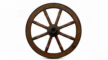 Old wooden wagon wheel with metal hub, isolated on a white background, showing rustic craftsmanship and circular shape. Suitable for historical, transportation, or antique-themed design and educational projects. photo