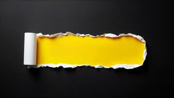 Isolated yellow torn paper strip with rough edges and curled white paper on a solid black background. Suitable for design projects, creative presentations, or advertising requiring a bold and modern visual element. photo