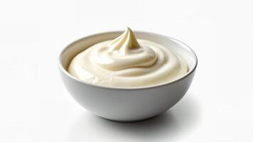 A small bowl filled with fresh yogurt is isolated on a white background. The image is suitable for food, nutrition, and dairy product concepts. photo