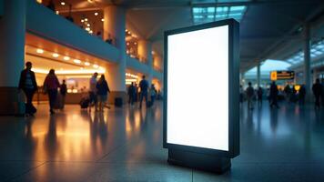 Large isolated light box with blank white screen stands in a busy airport terminal with travelers in the background. Suitable for advertising, marketing, or promotional mockups in transportation or travel environments. photo