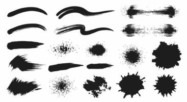 Grunge elements set features brush strokes, splatters and stains in black color vector