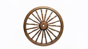 Old wooden wagon wheel with multiple spokes isolated on a white background, showing rustic craftsmanship and circular shape. Suitable for historical, western, or transportation. photo