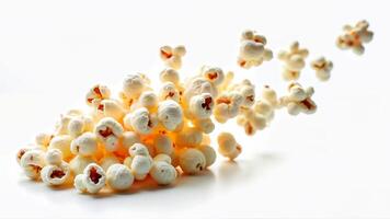 Isolated popcorn kernels are captured in mid-air against a clean white background. The image is suitable for illustrating snack concepts and food freshness. photo