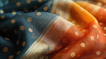 Close-up of luxurious teal silk saree fabric photo
