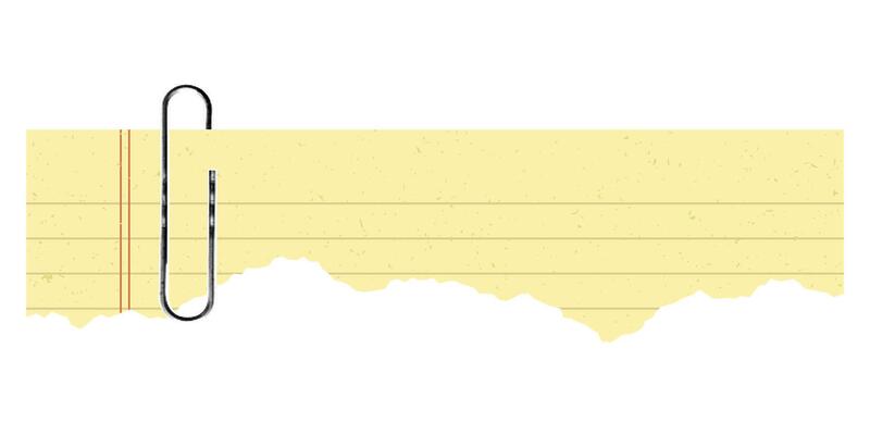 Vintage torn yellow paper ,with paper clip with jagged, rough borders. Retro grunge style