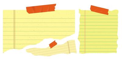 Yellow torn notebook paper collage, with lined sheets and scotch tape. School and office stationery set for digital design or banner. vector