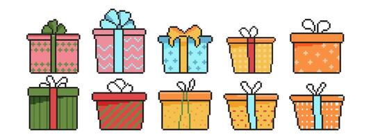 8 bit gift boxes icon set, Pixel art object. Old school vintage game graphics. vector