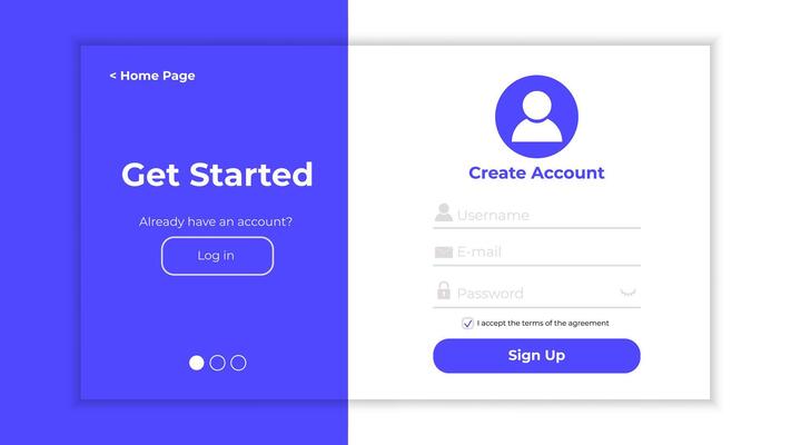 Register form with login and password fields. Sign up page with minimalistic style. Simple and modern template for websites.