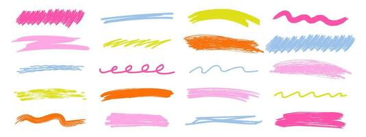 Colorful chalk underline and scrawl stroke set. Hand drawn pastel brush lines, wavy and curly underlines, crayon highlight elements. illustration on white background vector