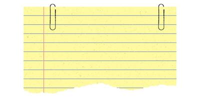 Yellow torn paper with grunge, and handmade texture with paper clip. Torn scraps of notebook with lines. Retro grunge style vector