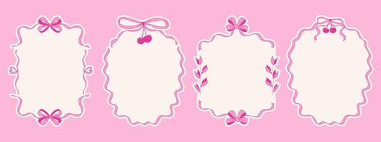 Coquette bow frames, Hand drawn whimsical borders on pink background. vector