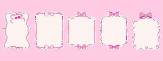 Coquette bow frame set, Cute hand drawn pink ribbon borders collection. vector