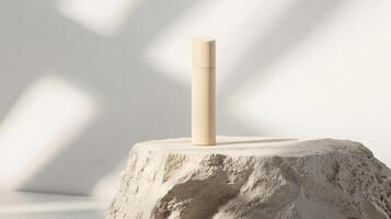 A stylish beige cosmetic tube stands prominently on a textured stone surface, illuminated by gentle natural light in a minimalistic setting photo