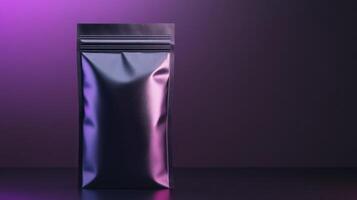 A striking luxury coffee bag with a dark iridescent finish is showcased against a colorful gradient background, highlighting its elegant form photo