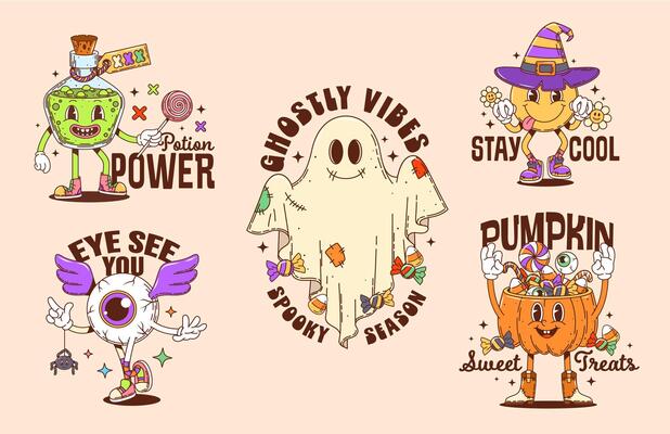 Halloween groovy characters stickers and prints