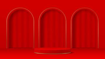 Red podium stage with arch gates, round pedestal vector