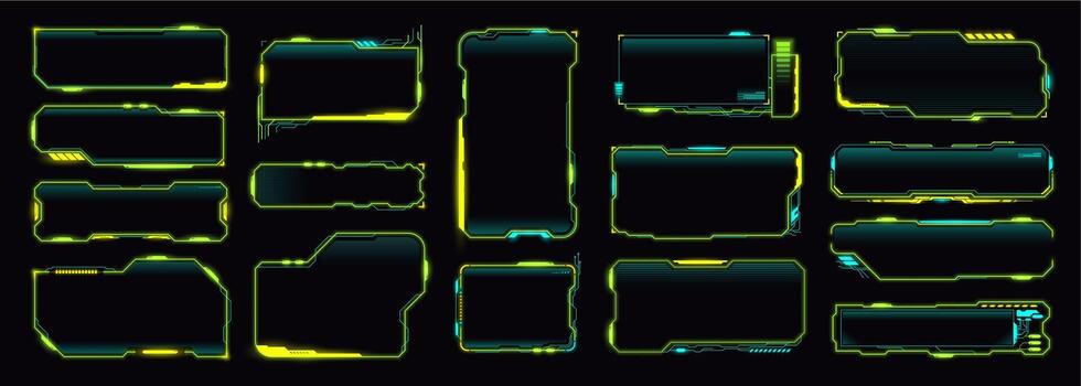 Neon cyberpunk game HUD interface elements set vector