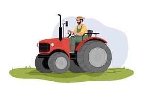 Farmer gardener character in tractor on farm field vector