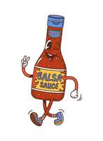 Cartoon groovy salsa sauce bottle character smiles vector