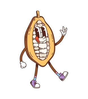 Cartoon groovy cocoa bean character with seeds vector