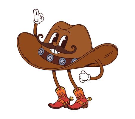 Groovy western cowboy hat character shows ok sign
