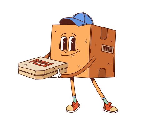 Cartoon groovy delivery box character holds pizza